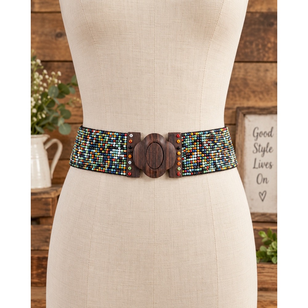 Boho Multi Color Seed Bead Wide Belt with Dark Wood Buckle Statement Accessory